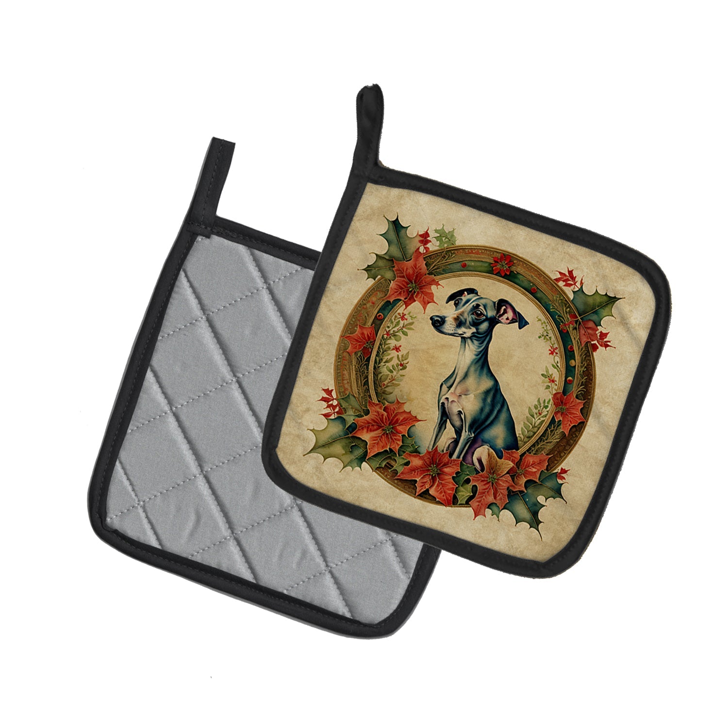 Italian Greyhound Christmas Flowers Pot Holder Set of 2 Heat Resistant Quilted Hot Pads 7.5 x 7.5 Inch, Insulated Kitchen Trivets for Cooking & Baking