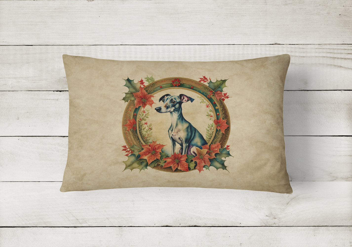 Italian Greyhound Christmas Flowers Decorative Throw Pillow 12x16 Indoor Outdoor Accent Cushion, Fabric Cover with Insert for Sofa, Bed, Porch & Living Room