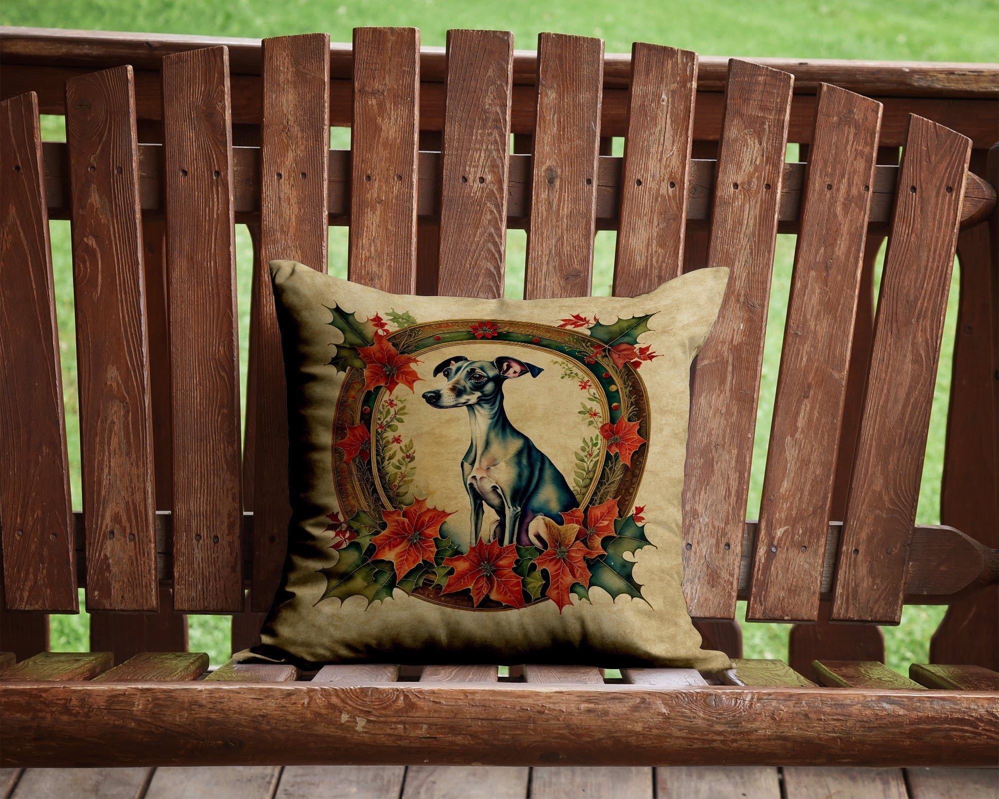 Italian Greyhound Christmas Flowers Decorative Throw Pillow 14x14 Indoor Outdoor Accent Cushion, Fabric Cover with Insert for Sofa, Bed, Porch & Living Room