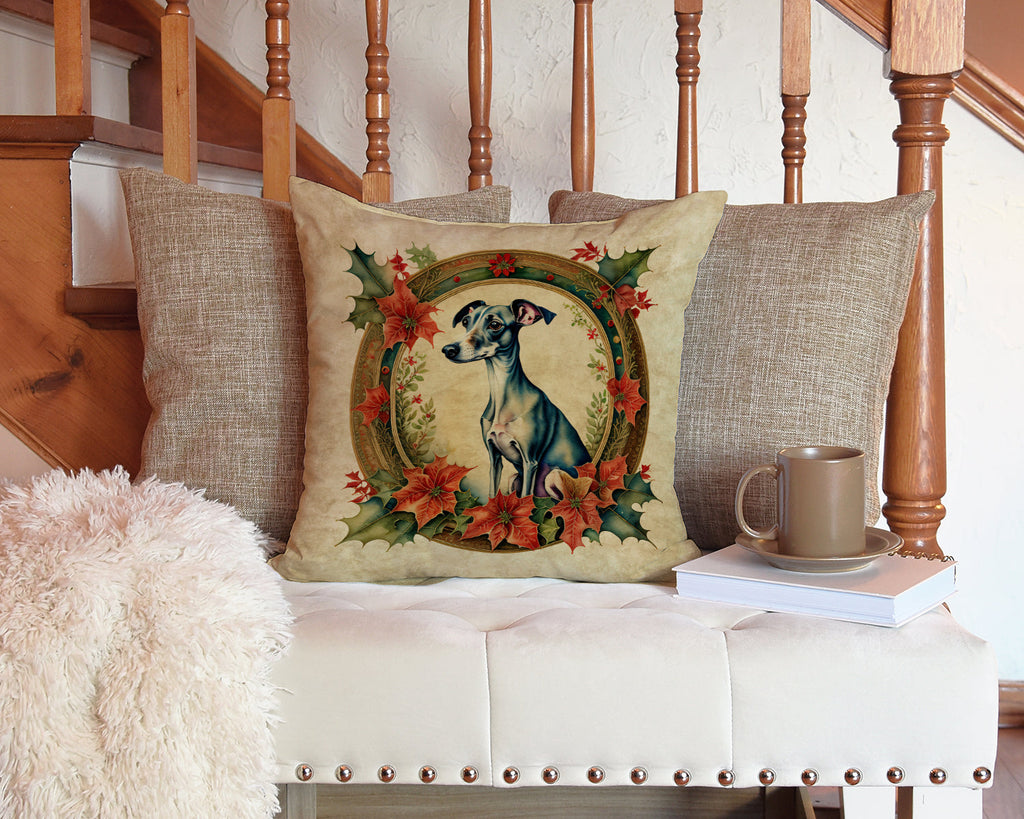 Italian Greyhound Christmas Flowers Decorative Throw Pillow 14x14 Indoor Outdoor Accent Cushion, Fabric Cover with Insert for Sofa, Bed, Porch & Living Room