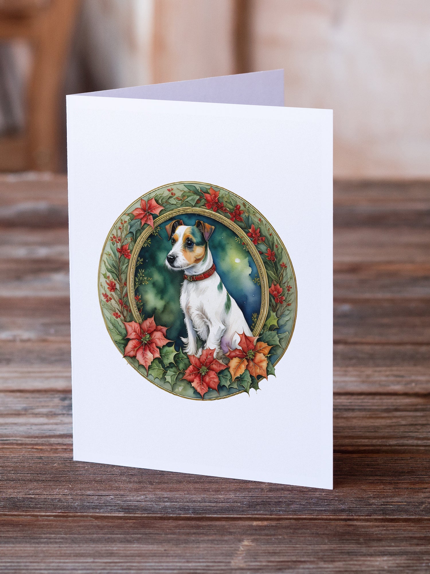 Jack Russell Terrier Christmas Flowers Greeting Cards Pack of 8 Blank Cards with Envelopes Whimsical A7 Size 5x7