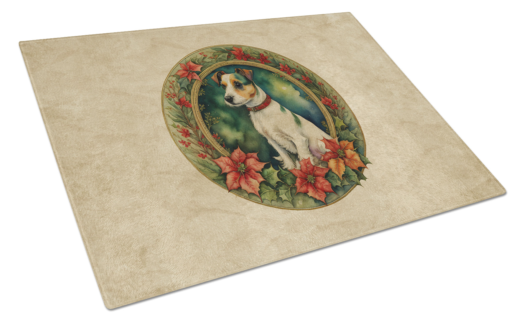 Jack Russell Terrier Christmas Flowers Cutting Board Tempered Glass Kitchen Cutting Surface, Heat Resistant Chopping, Non-Slip Feet, Food Prep & Serving
