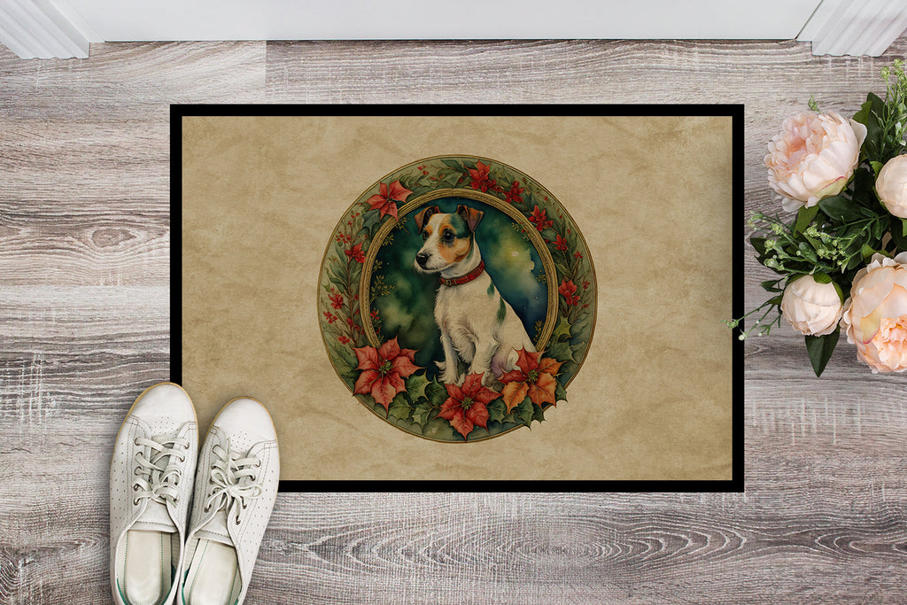 Jack Russell Terrier Christmas Flowers Doormat Indoor Outdoor 18H X 27W Front Door Mat Rugs for Entryway, Non Slip Washable