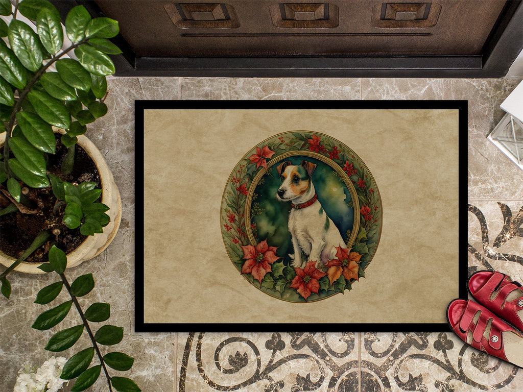 Jack Russell Terrier Christmas Flowers Doormat Indoor Outdoor 18H X 27W Front Door Mat Rugs for Entryway, Non Slip Washable