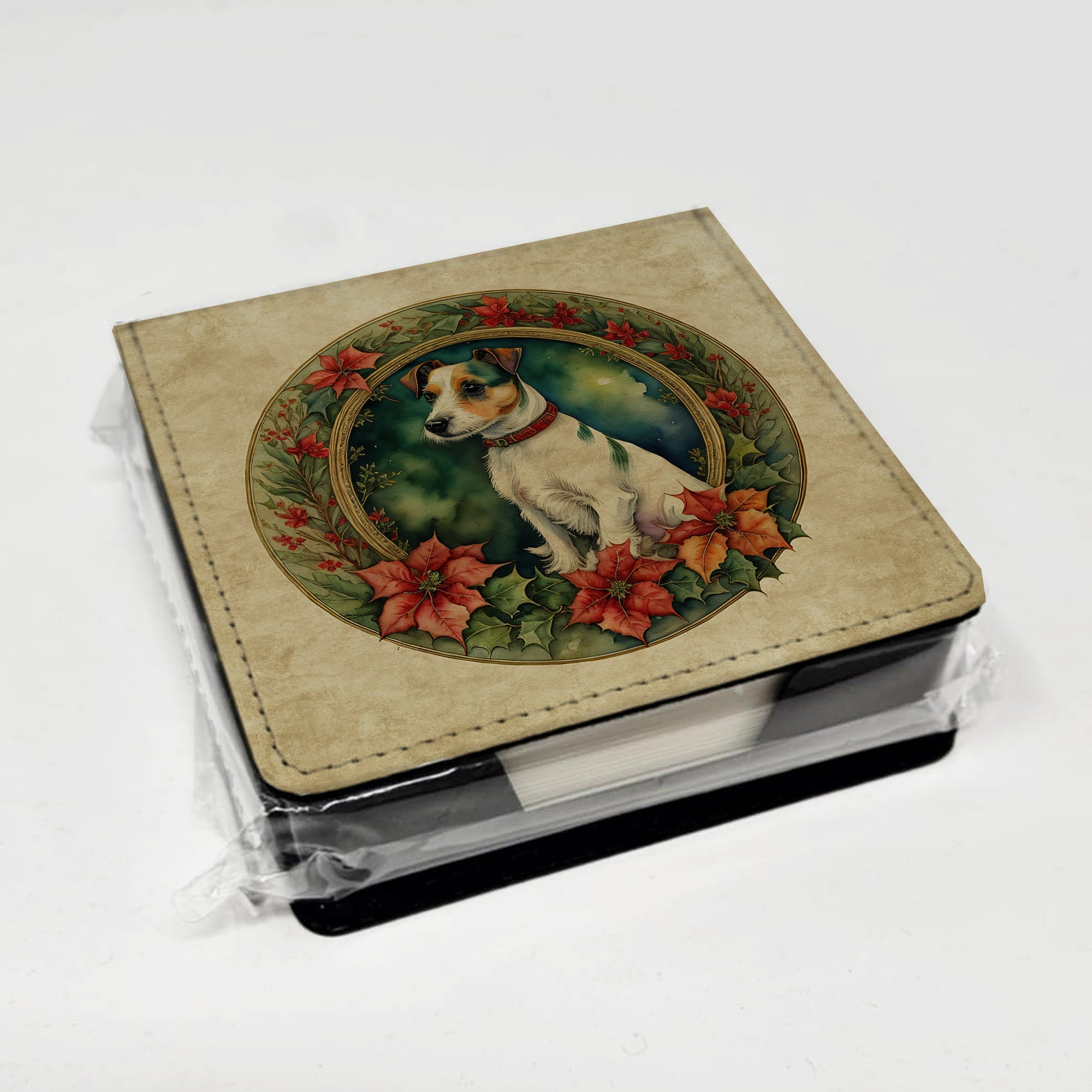 Jack Russell Terrier Christmas Flowers PU Leather Note Paper Holder with Artist-Designed Cover, Desk Accessory, Office Gift
