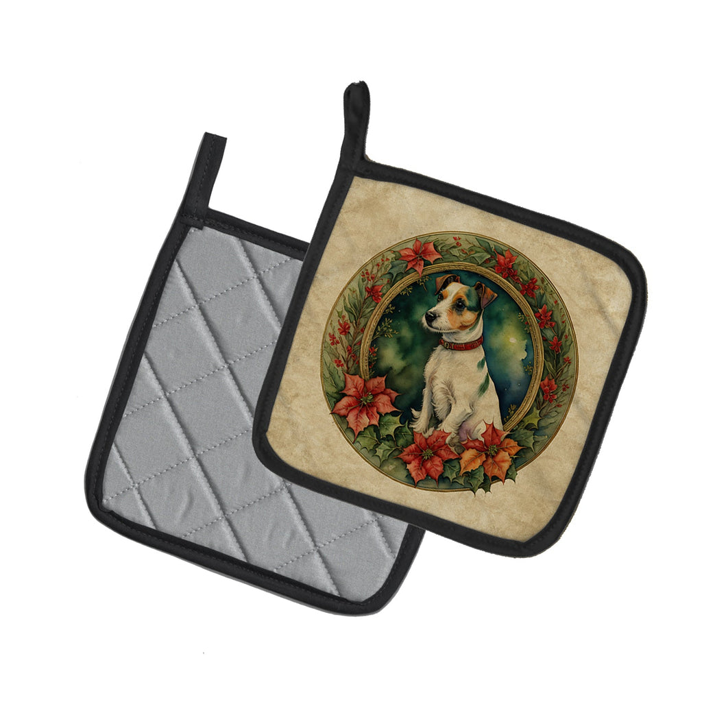 Jack Russell Terrier Christmas Flowers Pot Holder Set of 2 Heat Resistant Quilted Hot Pads 7.5 x 7.5 Inch, Insulated Kitchen Trivets for Cooking & Baking