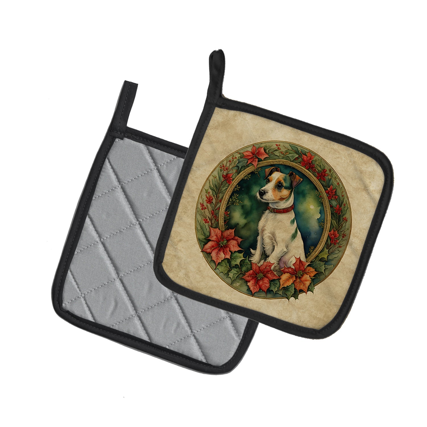 Jack Russell Terrier Christmas Flowers Pot Holder Set of 2 Heat Resistant Quilted Hot Pads 7.5 x 7.5 Inch, Insulated Kitchen Trivets for Cooking & Baking