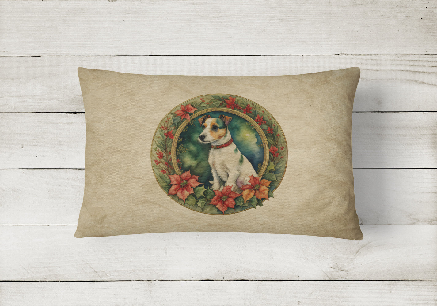 Jack Russell Terrier Christmas Flowers Decorative Throw Pillow 12x16 Indoor Outdoor Accent Cushion, Fabric Cover with Insert for Sofa, Bed, Porch & Living Room