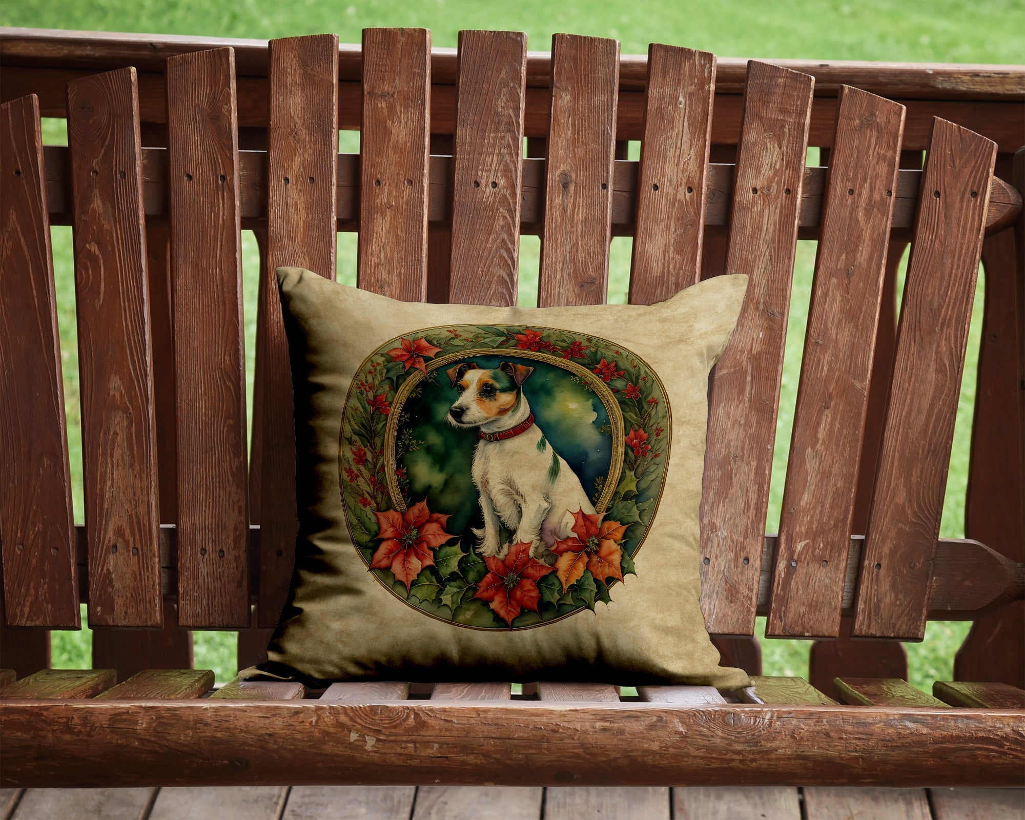 Jack Russell Terrier Christmas Flowers Decorative Throw Pillow 14x14 Indoor Outdoor Accent Cushion, Fabric Cover with Insert for Sofa, Bed, Porch & Living Room