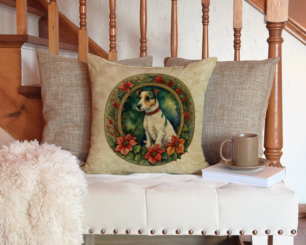 Jack Russell Terrier Christmas Flowers Decorative Throw Pillow 14x14 Indoor Outdoor Accent Cushion, Fabric Cover with Insert for Sofa, Bed, Porch & Living Room