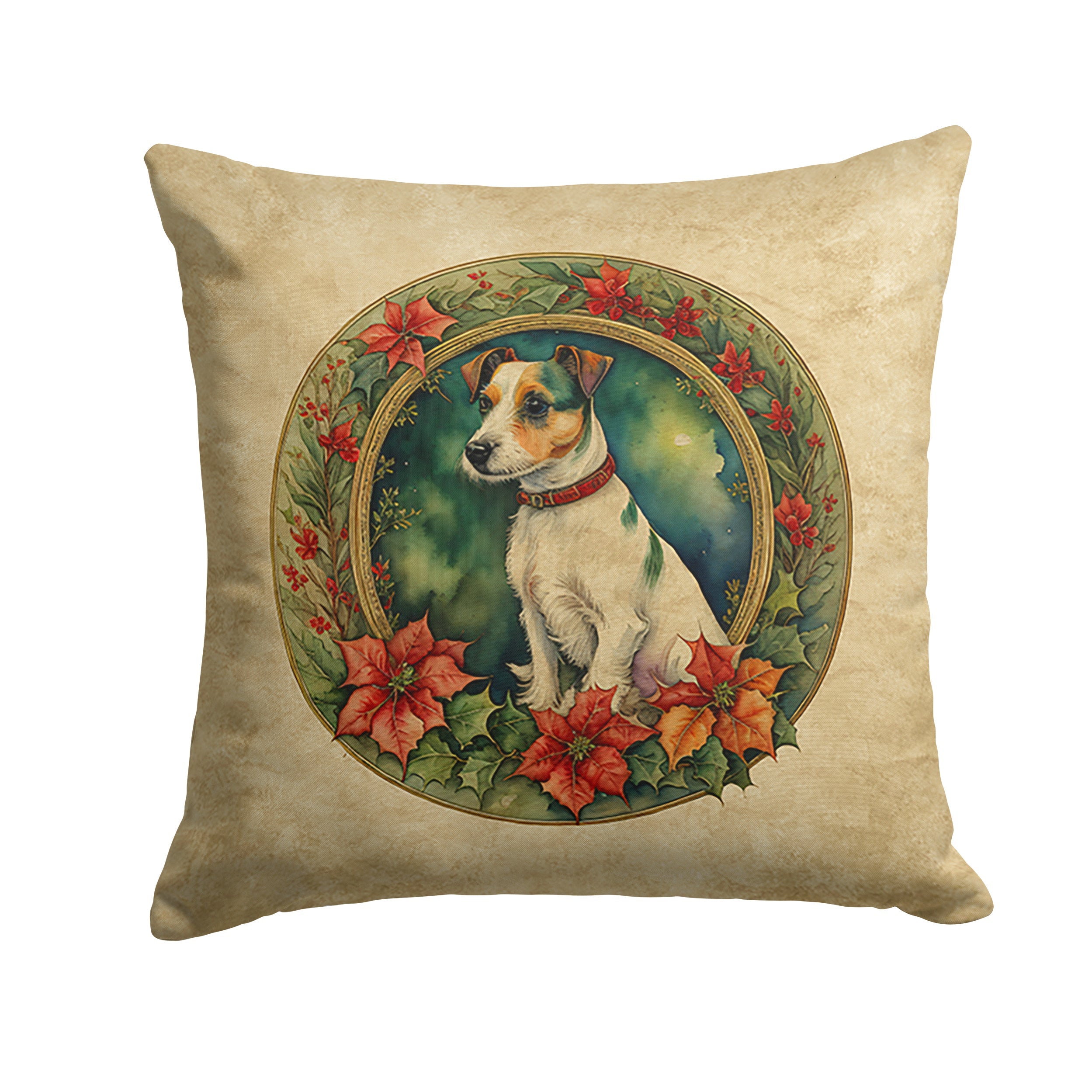 Jack Russell Terrier Christmas Flowers Decorative Throw Pillow 18x18 Indoor Outdoor Accent Cushion, Fabric Cover with Insert for Sofa, Bed, Porch & Living Room