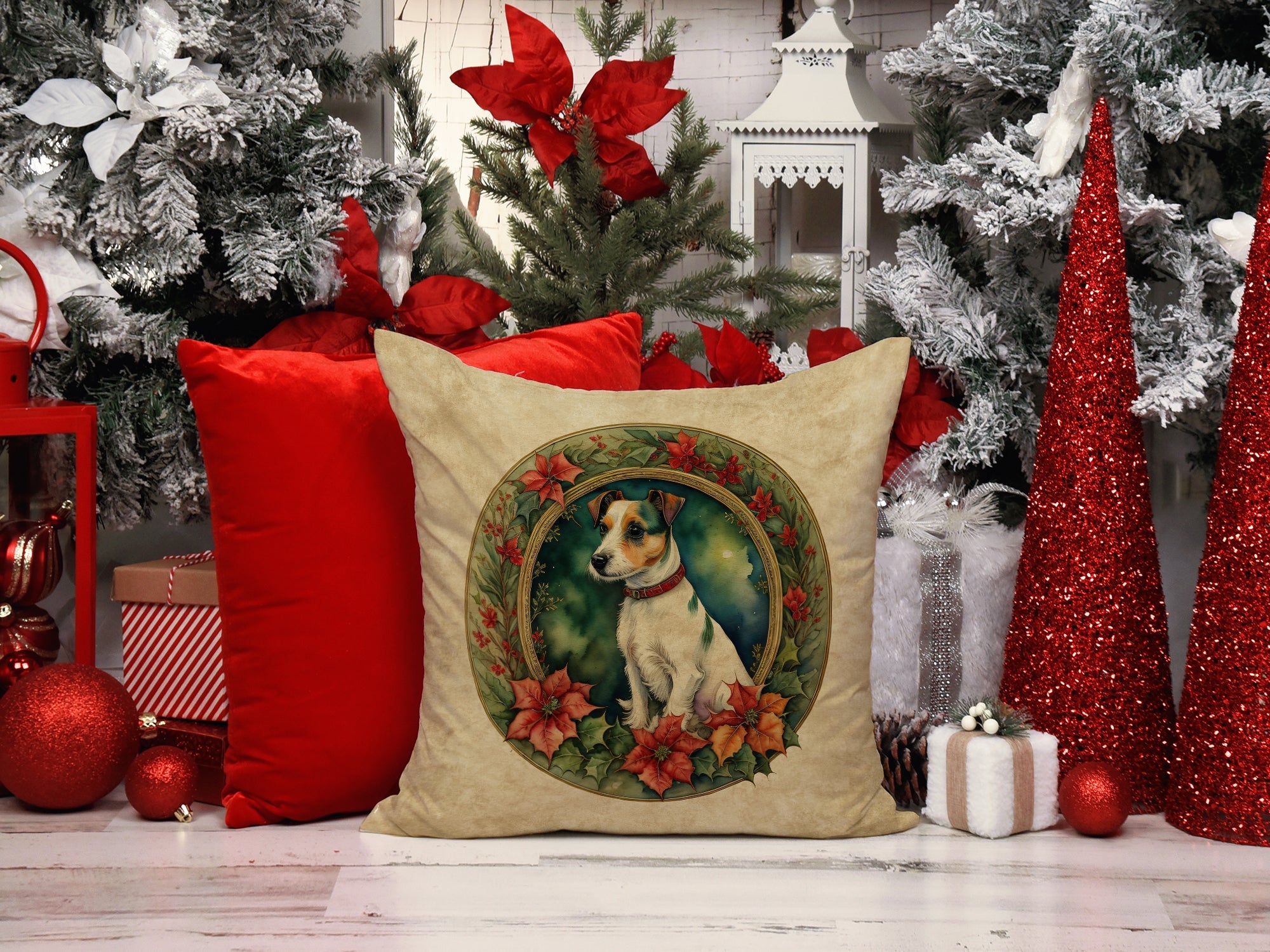 Jack Russell Terrier Christmas Flowers Decorative Throw Pillow 18x18 Indoor Outdoor Accent Cushion, Fabric Cover with Insert for Sofa, Bed, Porch & Living Room