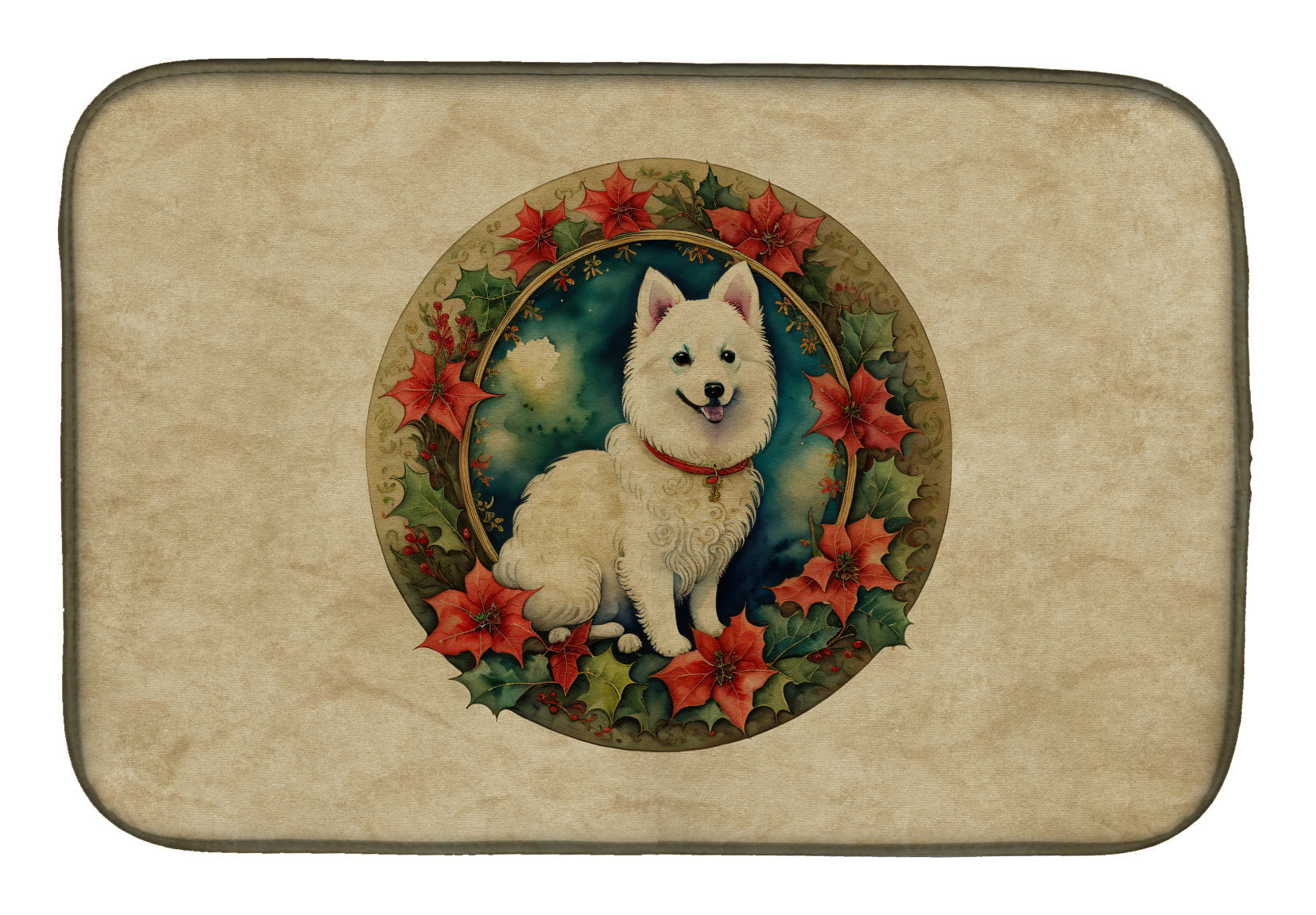 Japanese Spitz Christmas Flowers Dish Drying Mat Absorbent Dish Drying Mat Pad for Kitchen Counter Dish Drainer Mat for Countertop, 14 x 21", Multicolor