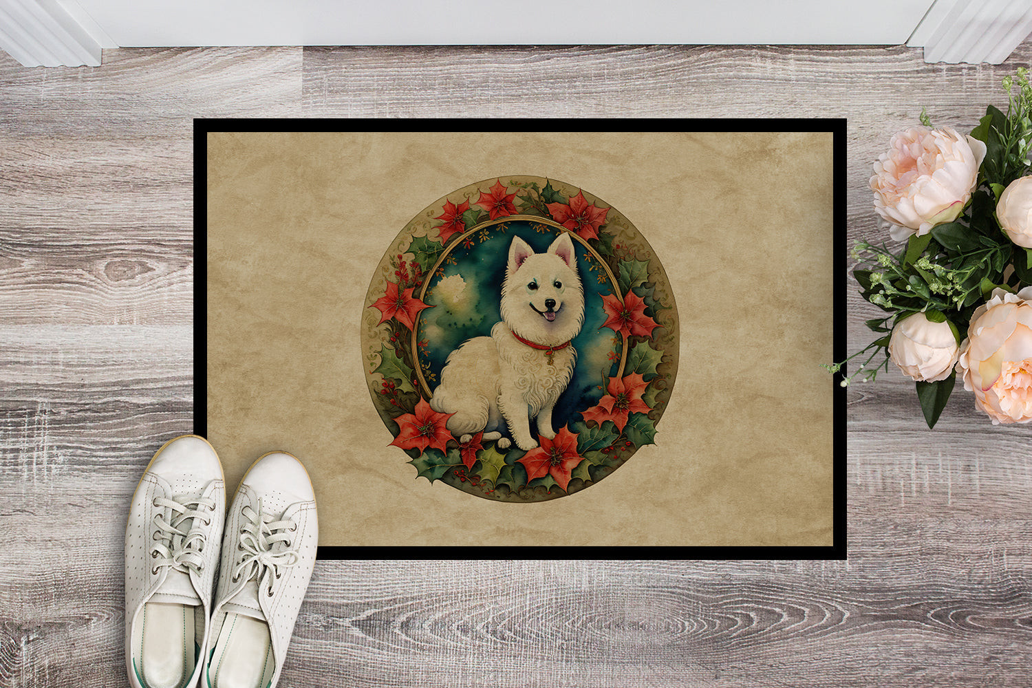 Japanese Spitz Christmas Flowers Doormat Indoor Outdoor 24H X 36W Front Door Mat Rugs for Entryway, Non Slip Washable Low Pile,