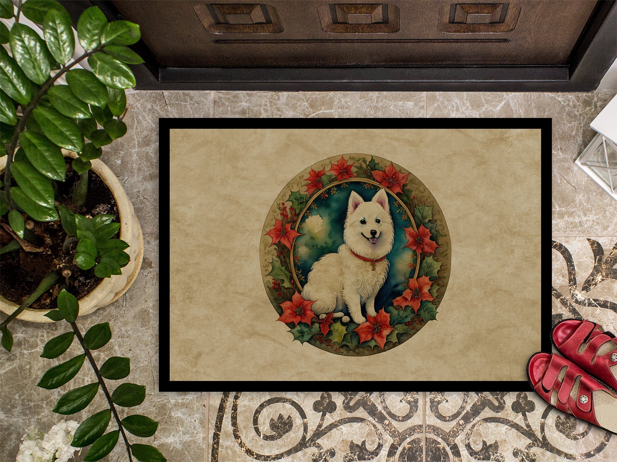 Japanese Spitz Christmas Flowers Doormat Indoor Outdoor 24H X 36W Front Door Mat Rugs for Entryway, Non Slip Washable Low Pile,