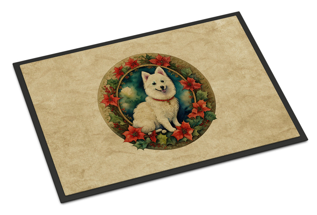 Japanese Spitz Christmas Flowers Doormat Indoor Outdoor 18H X 27W Front Door Mat Rugs for Entryway, Non Slip Washable