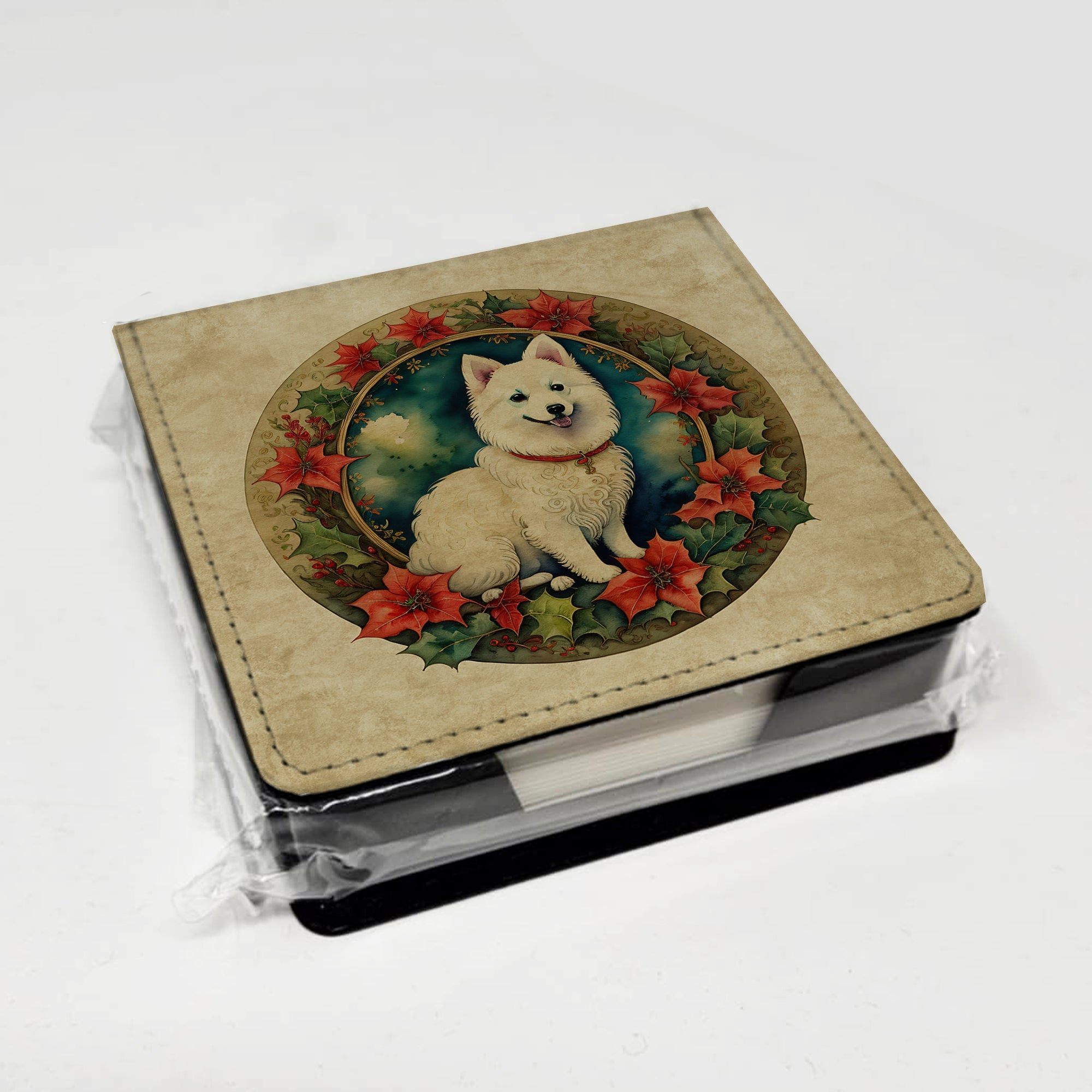 Japanese Spitz Christmas Flowers PU Leather Note Paper Holder with Artist-Designed Cover, Desk Accessory, Office Gift