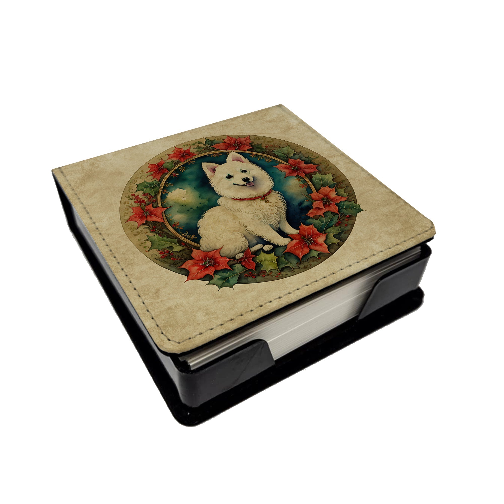 Japanese Spitz Christmas Flowers PU Leather Note Paper Holder with Artist-Designed Cover, Desk Accessory, Office Gift