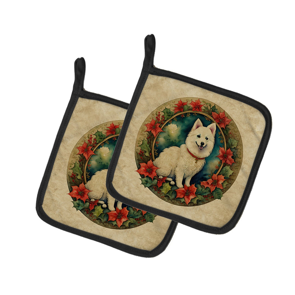 Japanese Spitz Christmas Flowers Pot Holder Set of 2 Heat Resistant Quilted Hot Pads 7.5 x 7.5 Inch, Insulated Kitchen Trivets for Cooking & Baking