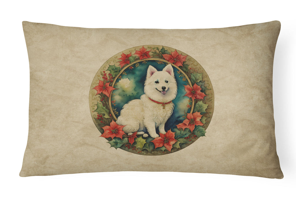 Japanese Spitz Christmas Flowers Decorative Throw Pillow 12x16 Indoor Outdoor Accent Cushion, Fabric Cover with Insert for Sofa, Bed, Porch & Living Room