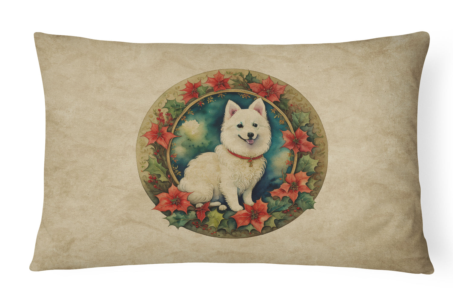 Japanese Spitz Christmas Flowers Decorative Throw Pillow 12x16 Indoor Outdoor Accent Cushion, Fabric Cover with Insert for Sofa, Bed, Porch & Living Room