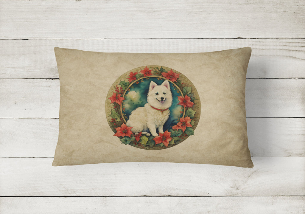 Japanese Spitz Christmas Flowers Decorative Throw Pillow 12x16 Indoor Outdoor Accent Cushion, Fabric Cover with Insert for Sofa, Bed, Porch & Living Room