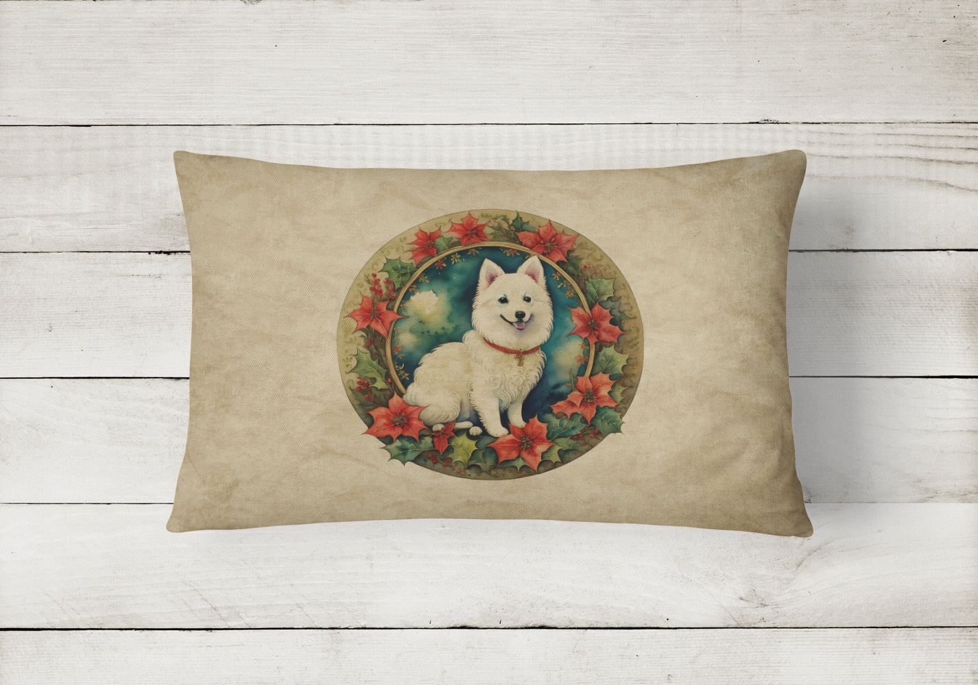 Japanese Spitz Christmas Flowers Decorative Throw Pillow 12x16 Indoor Outdoor Accent Cushion, Fabric Cover with Insert for Sofa, Bed, Porch & Living Room