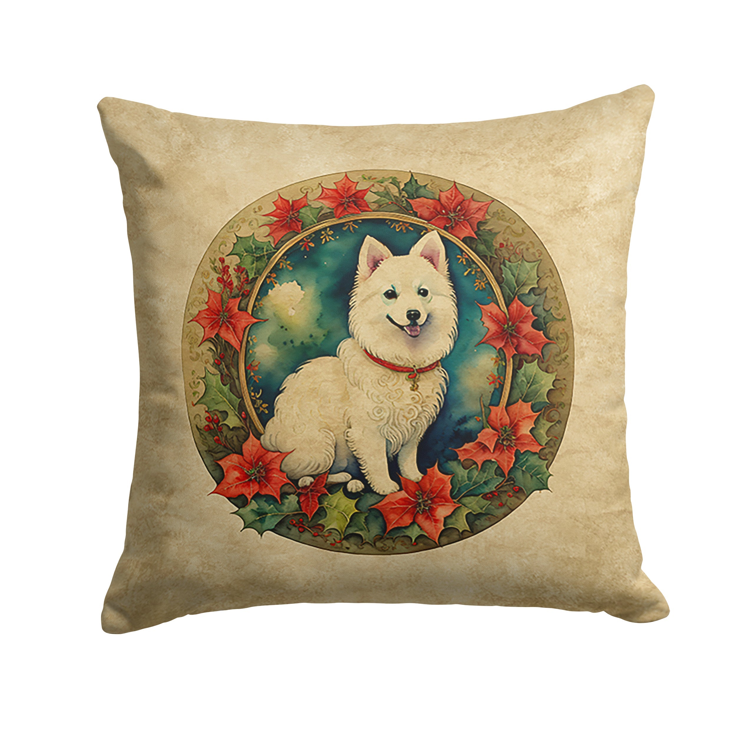 Japanese Spitz Christmas Flowers Decorative Throw Pillow 14x14 Indoor Outdoor Accent Cushion, Fabric Cover with Insert for Sofa, Bed, Porch & Living Room
