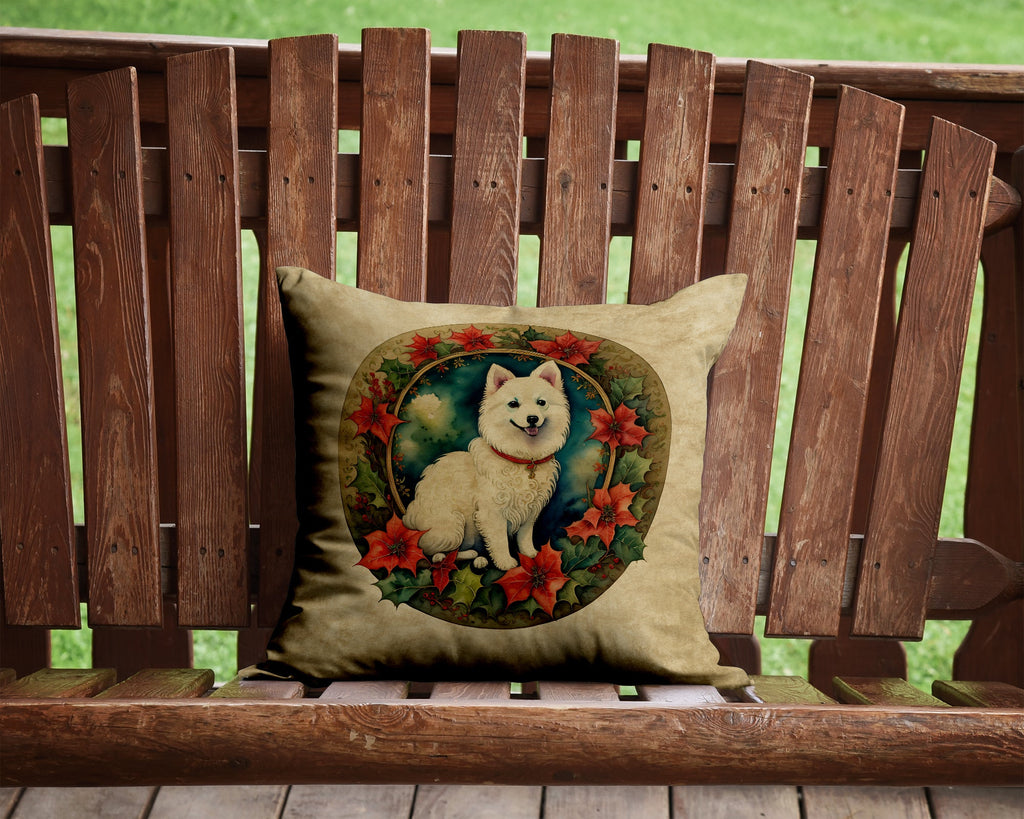 Japanese Spitz Christmas Flowers Decorative Throw Pillow 14x14 Indoor Outdoor Accent Cushion, Fabric Cover with Insert for Sofa, Bed, Porch & Living Room