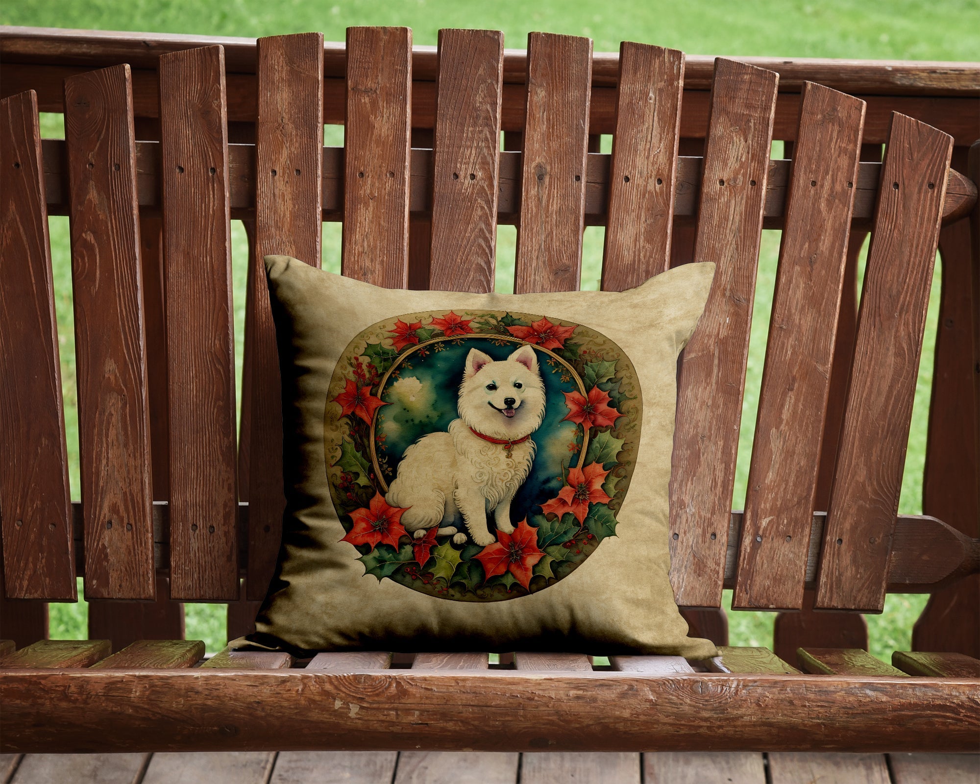 Japanese Spitz Christmas Flowers Decorative Throw Pillow 14x14 Indoor Outdoor Accent Cushion, Fabric Cover with Insert for Sofa, Bed, Porch & Living Room
