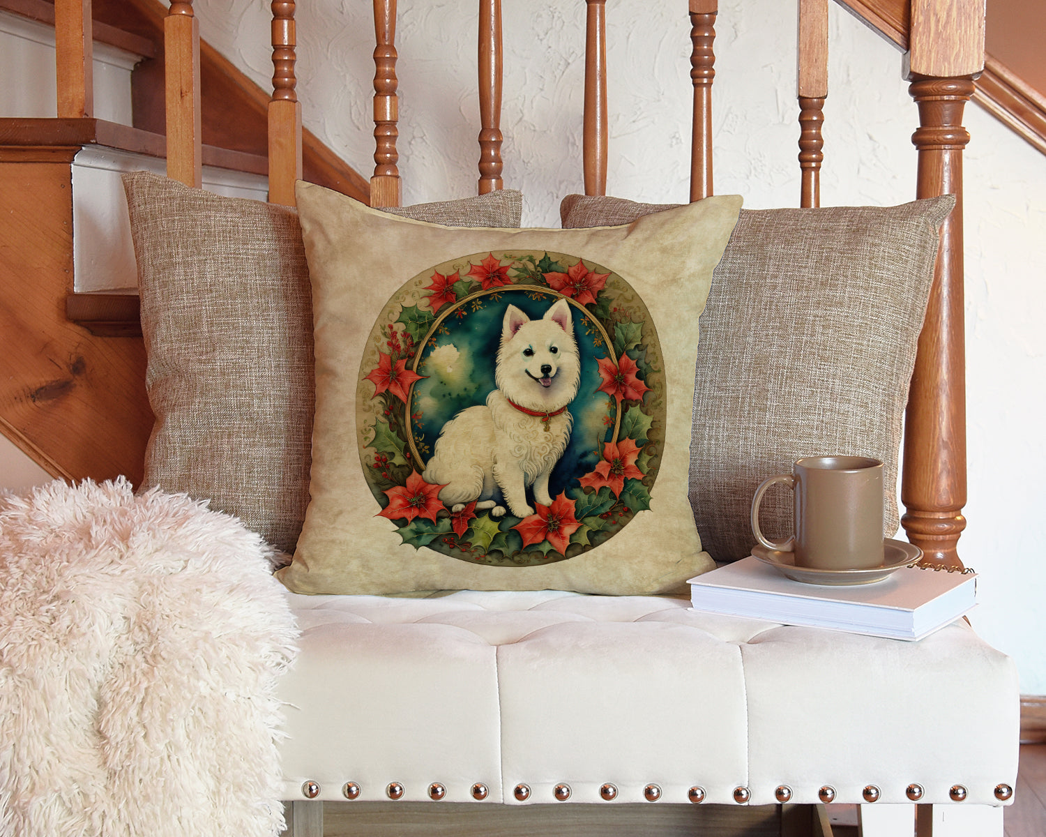 Japanese Spitz Christmas Flowers Decorative Throw Pillow 14x14 Indoor Outdoor Accent Cushion, Fabric Cover with Insert for Sofa, Bed, Porch & Living Room