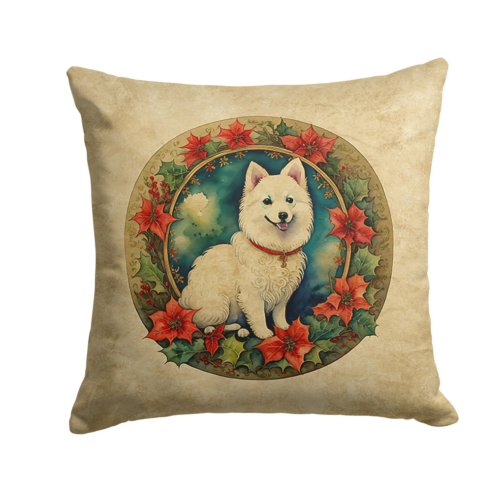 Japanese Spitz Christmas Flowers Decorative Throw Pillow 18x18 Indoor Outdoor Accent Cushion, Fabric Cover with Insert for Sofa, Bed, Porch & Living Room
