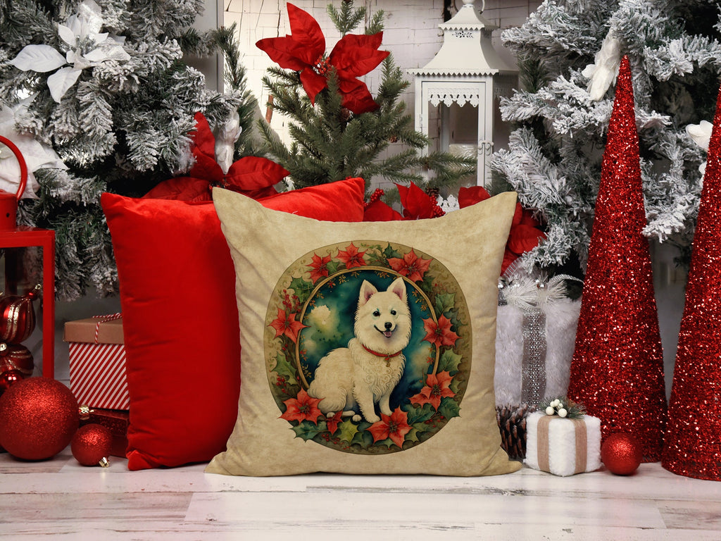 Japanese Spitz Christmas Flowers Decorative Throw Pillow 18x18 Indoor Outdoor Accent Cushion, Fabric Cover with Insert for Sofa, Bed, Porch & Living Room