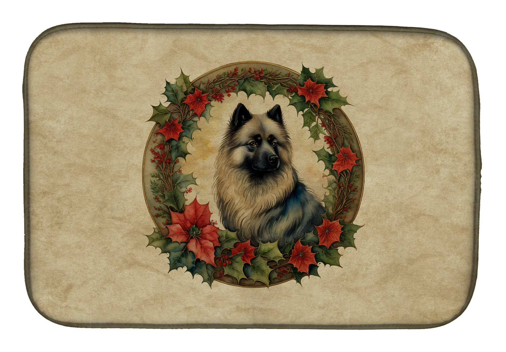 Keeshond Christmas Flowers Dish Drying Mat Absorbent Dish Drying Mat Pad for Kitchen Counter Dish Drainer Mat for Countertop, 14 x 21", Multicolor