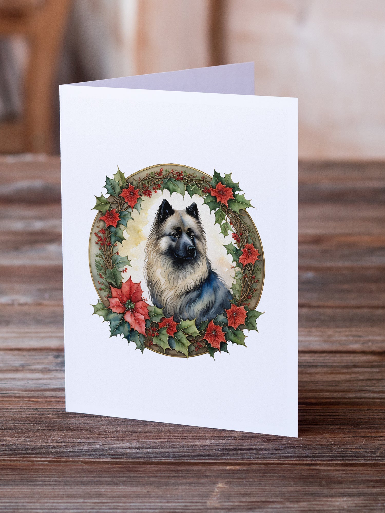 Keeshond Christmas Flowers Greeting Cards Pack of 8 Blank Cards with Envelopes Whimsical A7 Size 5x7