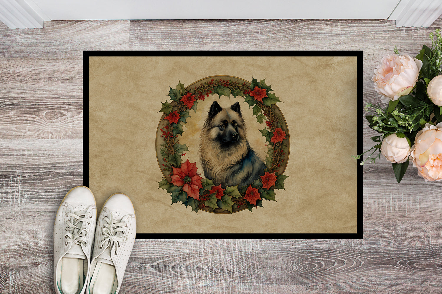 Keeshond Christmas Flowers Doormat Indoor Outdoor 24H X 36W Front Door Mat Rugs for Entryway, Non Slip Washable Low Pile,