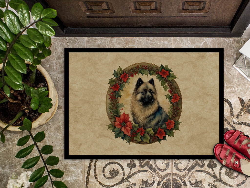 Keeshond Christmas Flowers Doormat Indoor Outdoor 24H X 36W Front Door Mat Rugs for Entryway, Non Slip Washable Low Pile,