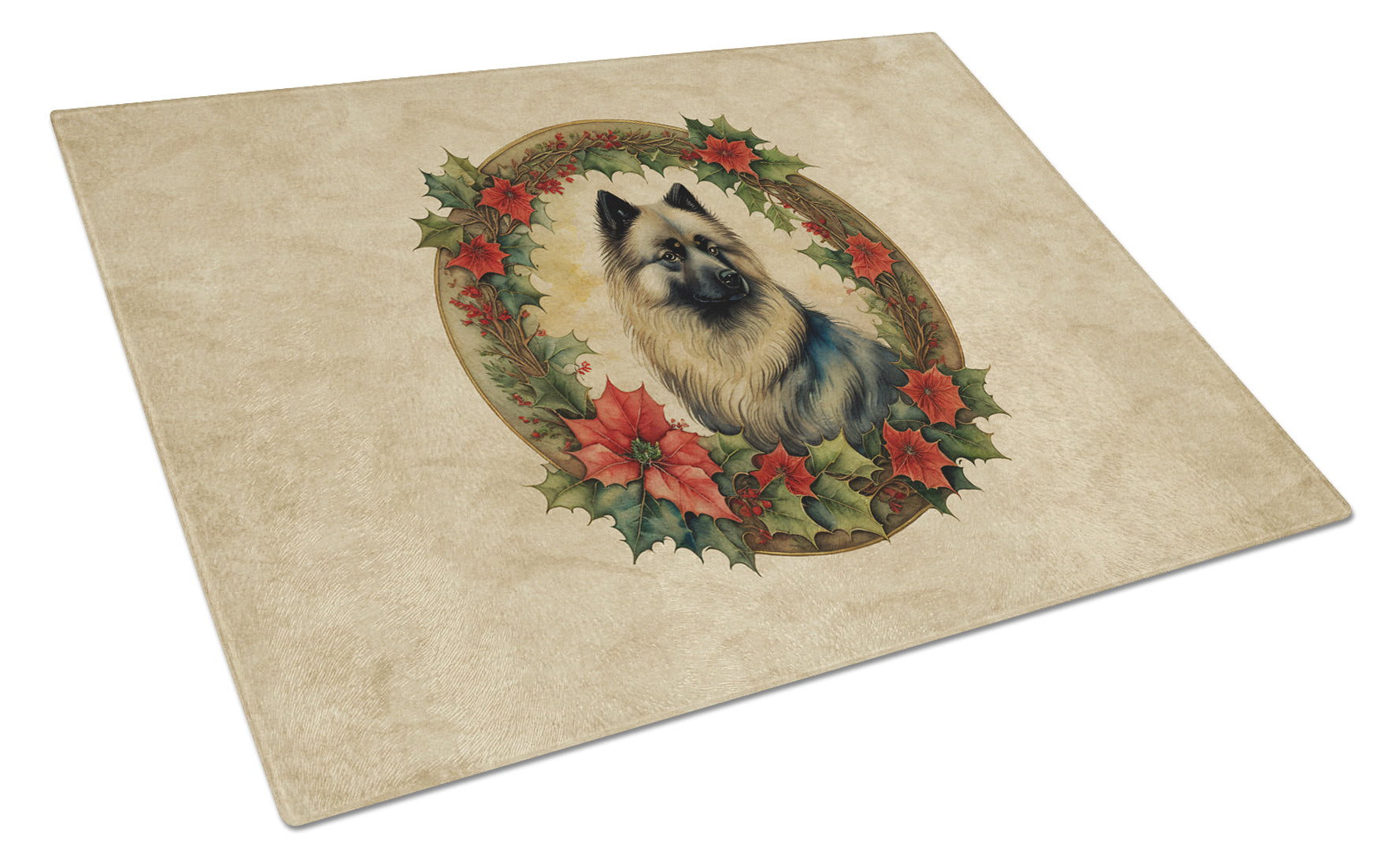 Keeshond Christmas Flowers Cutting Board Tempered Glass Kitchen Cutting Surface, Heat Resistant Chopping, Non-Slip Feet, Food Prep & Serving
