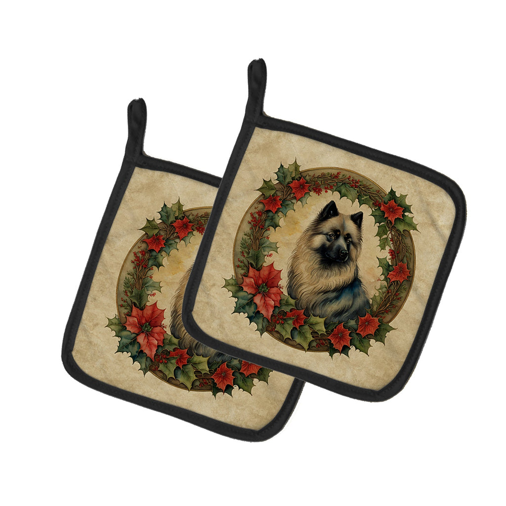 Keeshond Christmas Flowers Pot Holder Set of 2 Heat Resistant Quilted Hot Pads 7.5 x 7.5 Inch, Insulated Kitchen Trivets for Cooking & Baking