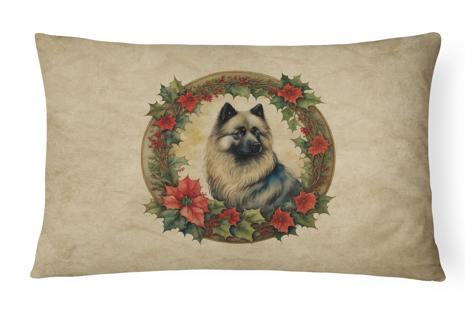 Keeshond Christmas Flowers Decorative Throw Pillow 12x16 Indoor Outdoor Accent Cushion, Fabric Cover with Insert for Sofa, Bed, Porch & Living Room