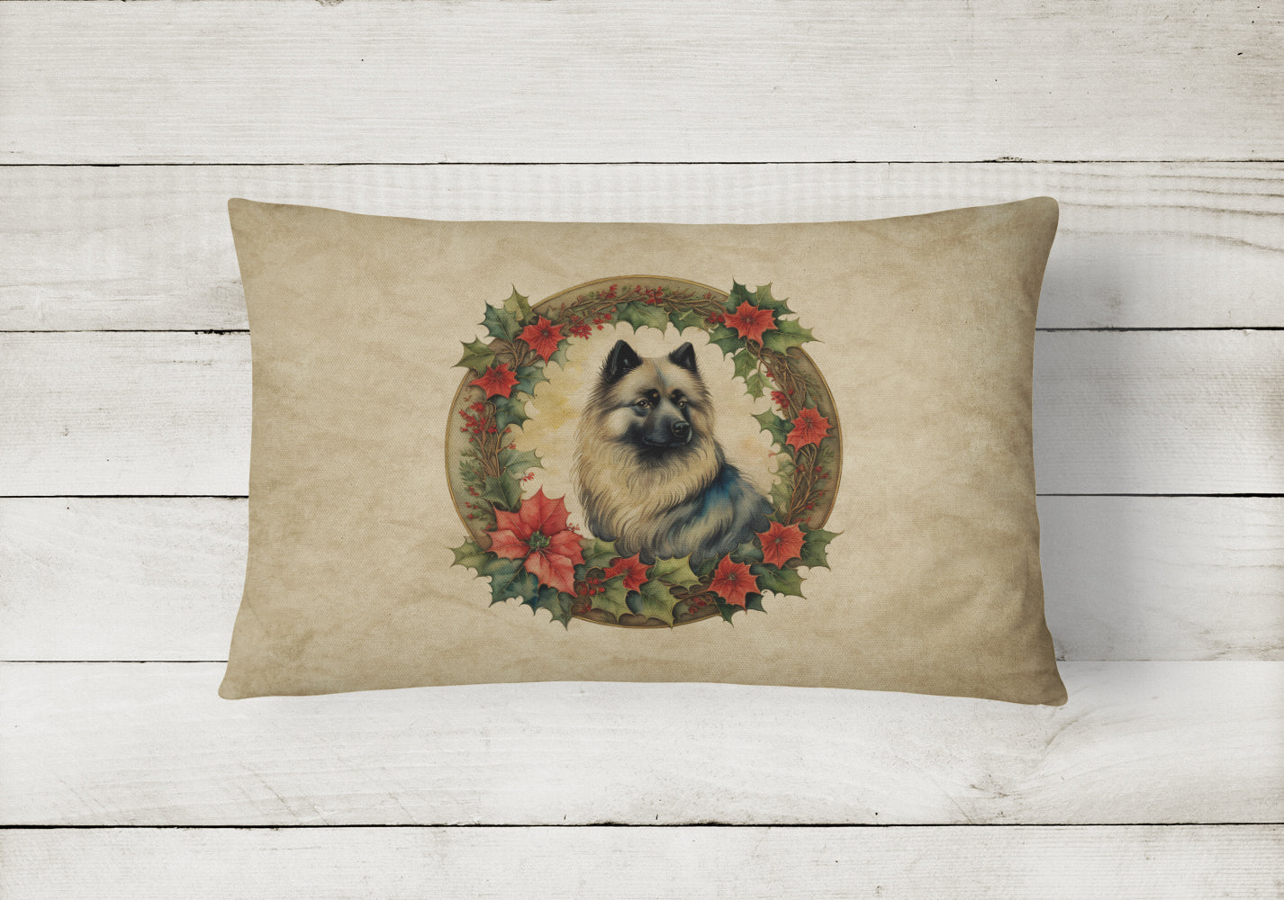 Keeshond Christmas Flowers Decorative Throw Pillow 12x16 Indoor Outdoor Accent Cushion, Fabric Cover with Insert for Sofa, Bed, Porch & Living Room
