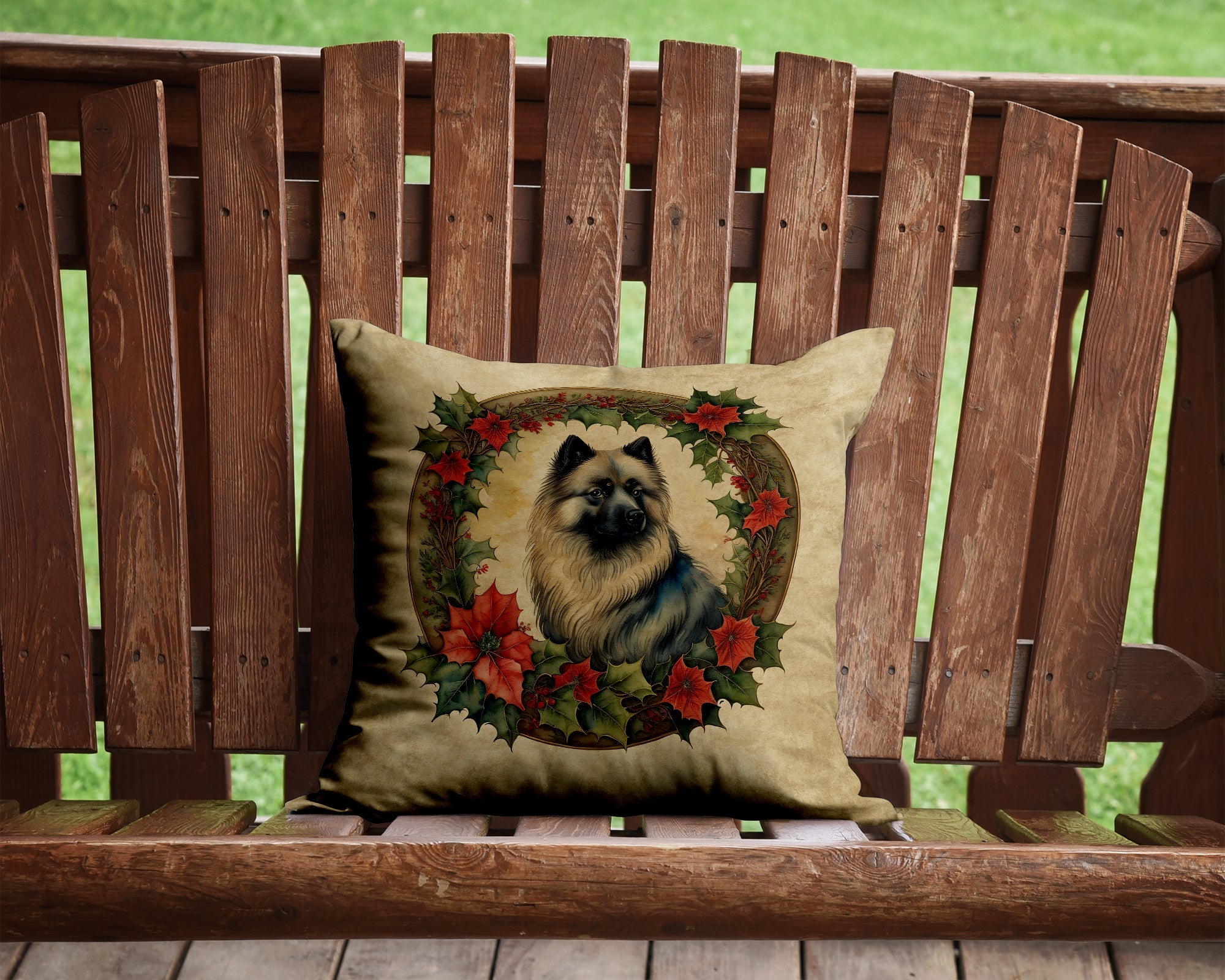 Keeshond Christmas Flowers Decorative Throw Pillow 14x14 Indoor Outdoor Accent Cushion, Fabric Cover with Insert for Sofa, Bed, Porch & Living Room