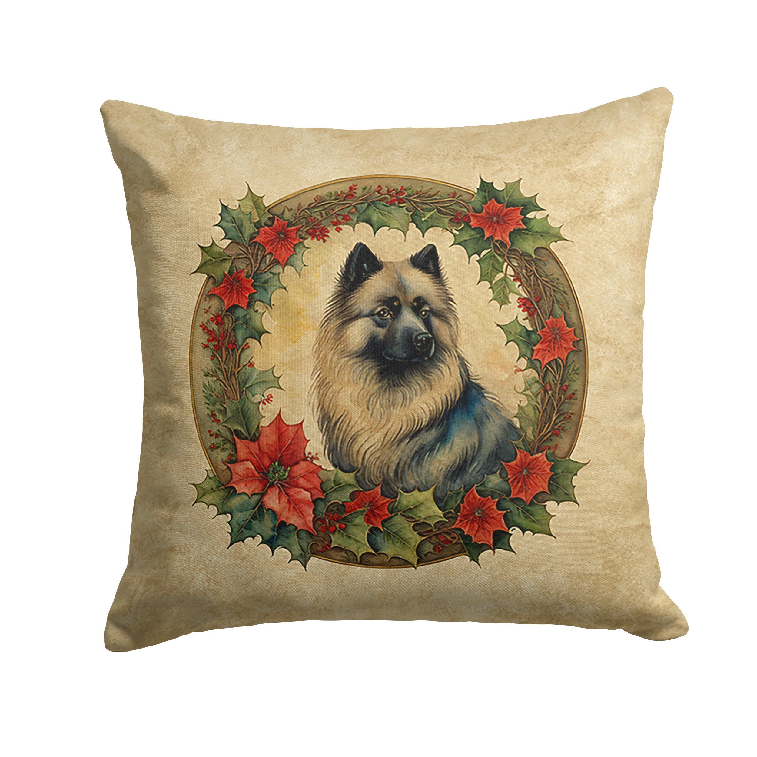 Keeshond Christmas Flowers Decorative Throw Pillow 18x18 Indoor Outdoor Accent Cushion, Fabric Cover with Insert for Sofa, Bed, Porch & Living Room