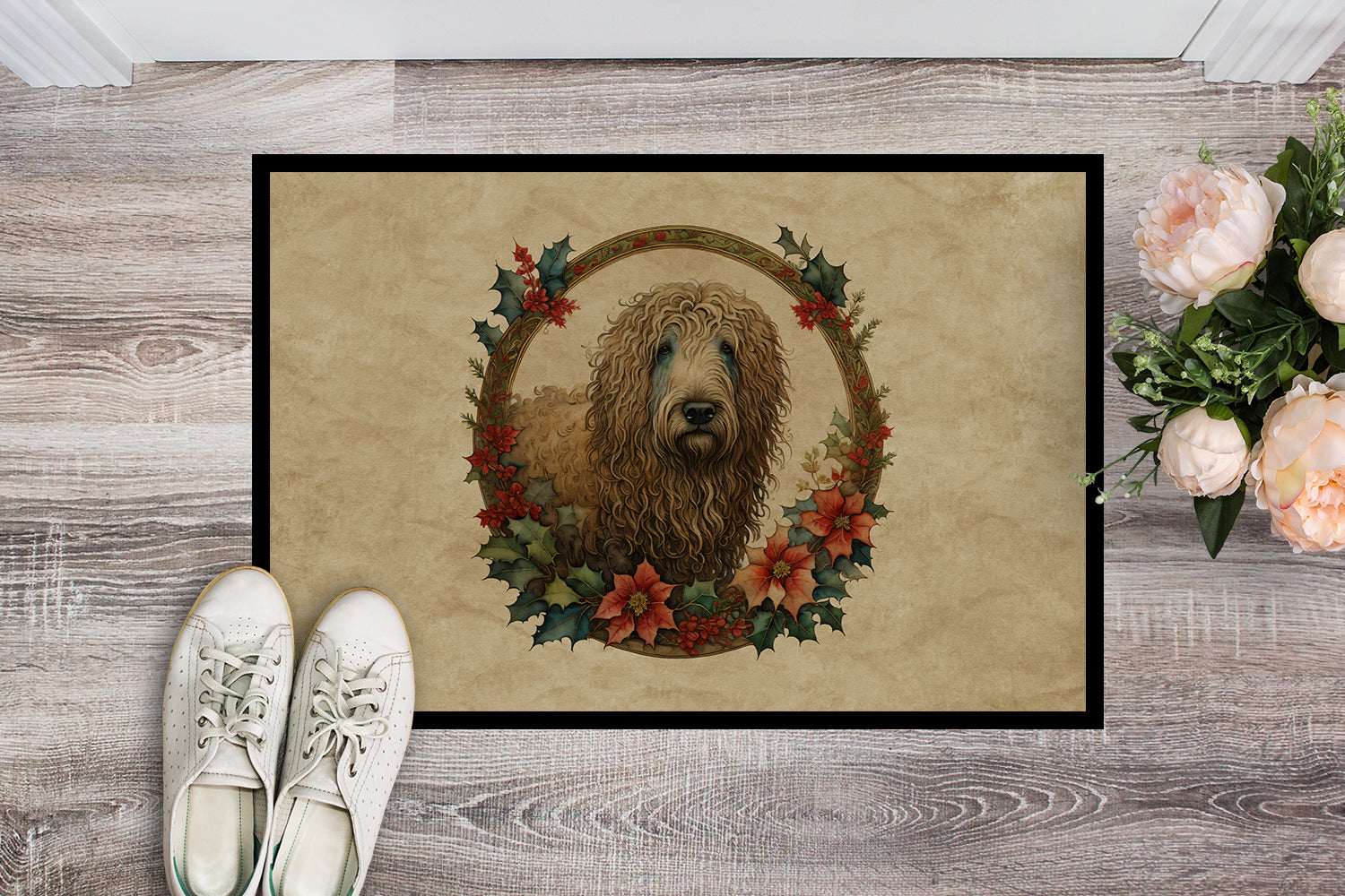 Komondor Christmas Flowers Doormat Indoor Outdoor 24H X 36W Front Door Mat Rugs for Entryway, Non Slip Washable Low Pile,