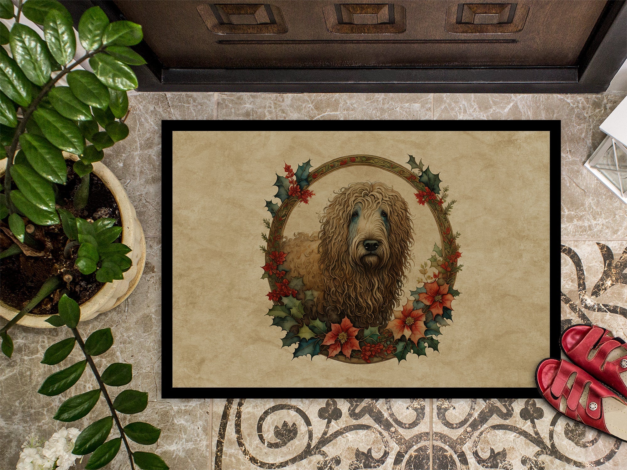 Komondor Christmas Flowers Doormat Indoor Outdoor 24H X 36W Front Door Mat Rugs for Entryway, Non Slip Washable Low Pile,