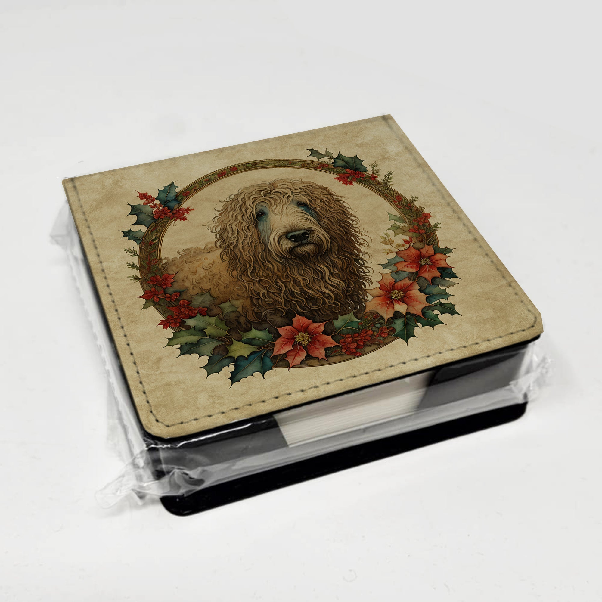 Komondor Christmas Flowers PU Leather Note Paper Holder with Artist-Designed Cover, Desk Accessory, Office Gift