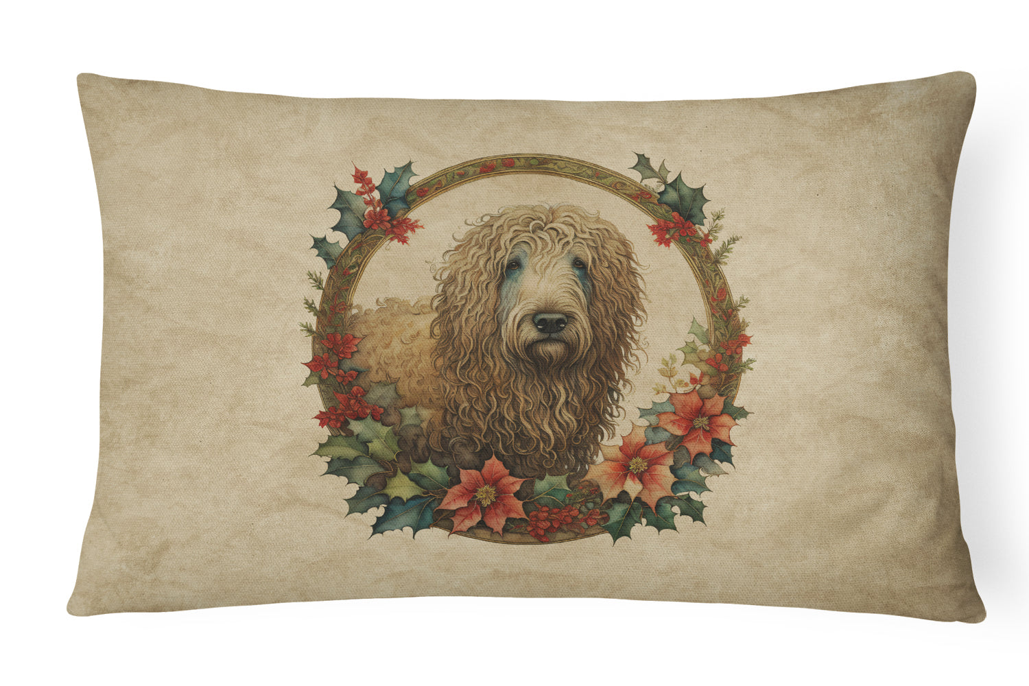 Komondor Christmas Flowers Decorative Throw Pillow 12x16 Indoor Outdoor Accent Cushion, Fabric Cover with Insert for Sofa, Bed, Porch & Living Room