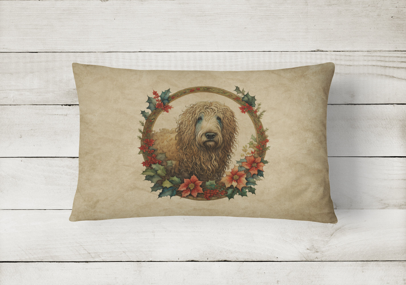 Komondor Christmas Flowers Decorative Throw Pillow 12x16 Indoor Outdoor Accent Cushion, Fabric Cover with Insert for Sofa, Bed, Porch & Living Room