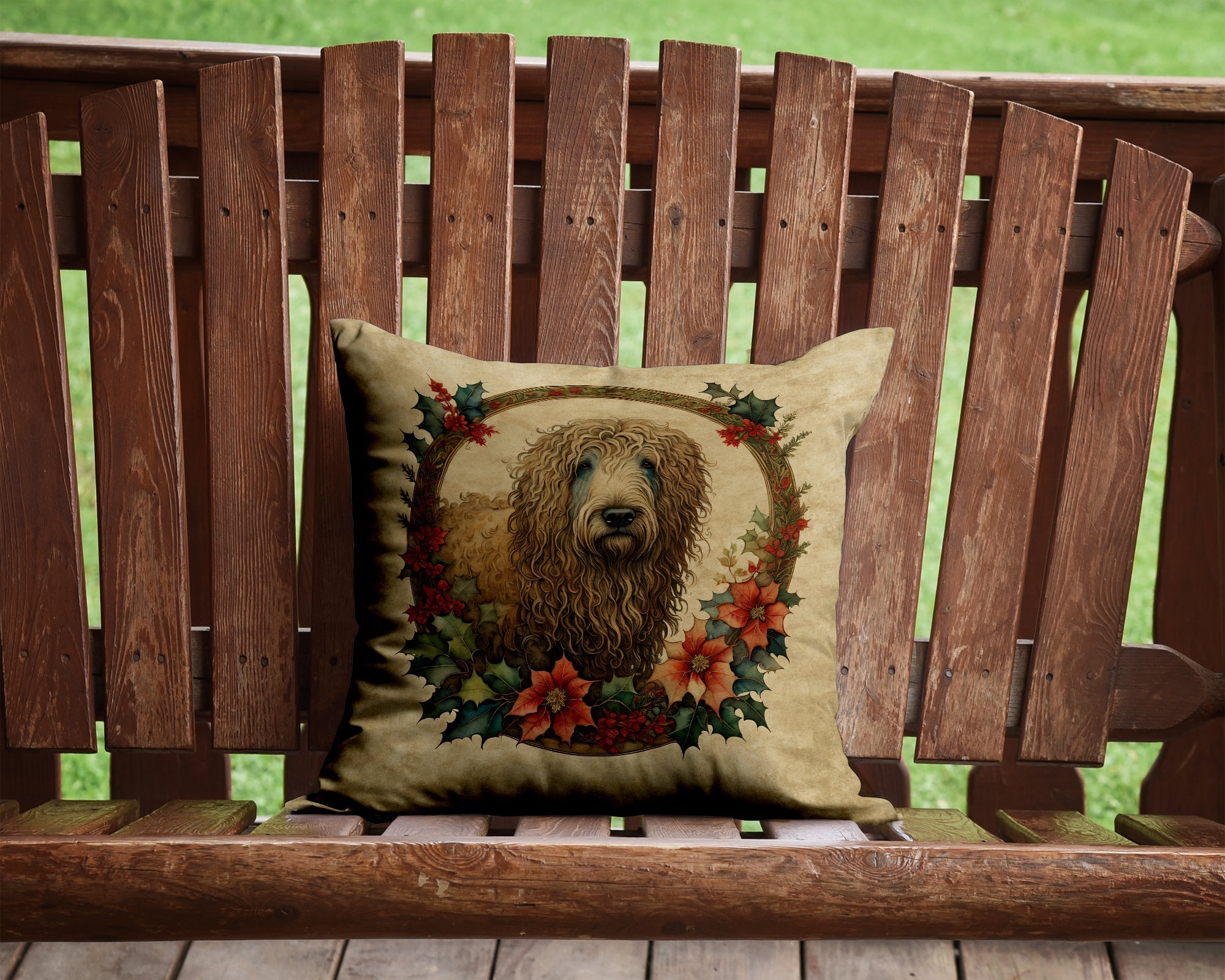 Komondor Christmas Flowers Decorative Throw Pillow 14x14 Indoor Outdoor Accent Cushion, Fabric Cover with Insert for Sofa, Bed, Porch & Living Room
