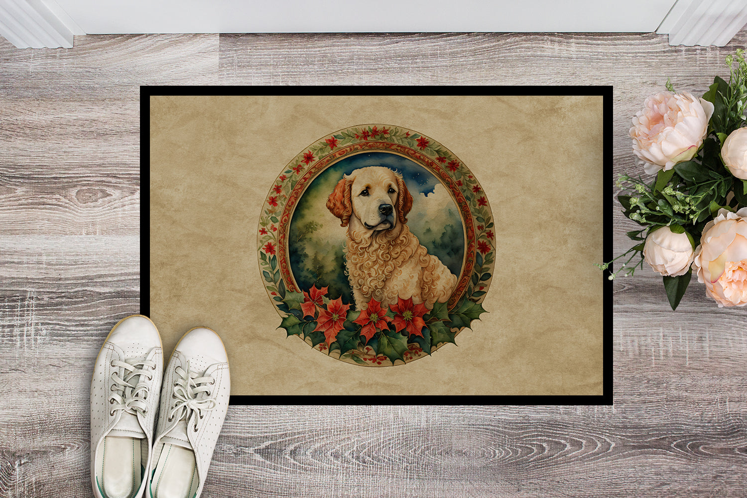 Kuvasz Christmas Flowers Doormat Indoor Outdoor 18H X 27W Front Door Mat Rugs for Entryway, Non Slip Washable